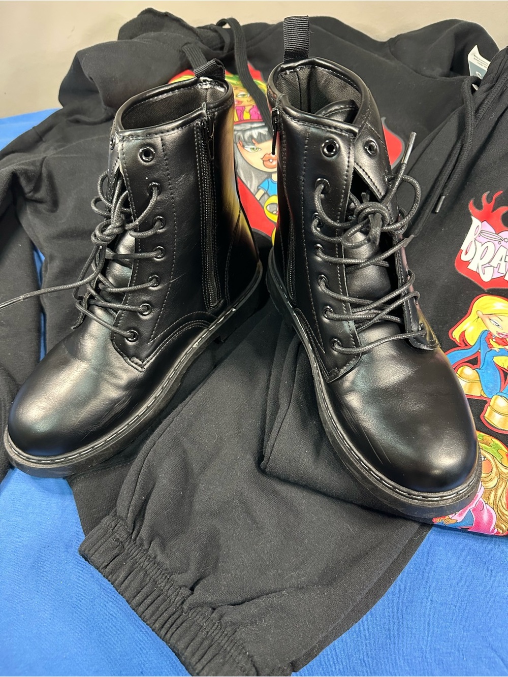 kensiegirl Black Lace-Up Combat Ankle Boots Side Zip Youth Size 4 Women's 5.5